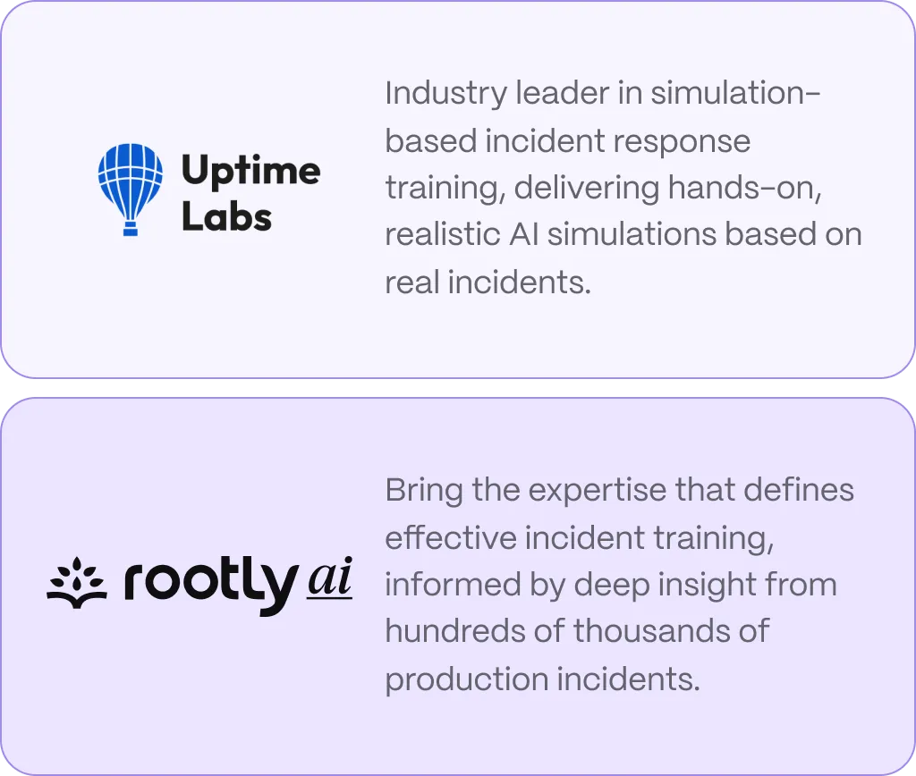A Rootly Academy drill dashboard showing scenario progress and skill scores