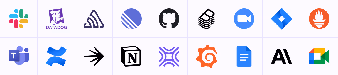 A grid of integration logos including Slack, Jira, Datadog, GitHub, PagerDuty and Zoom