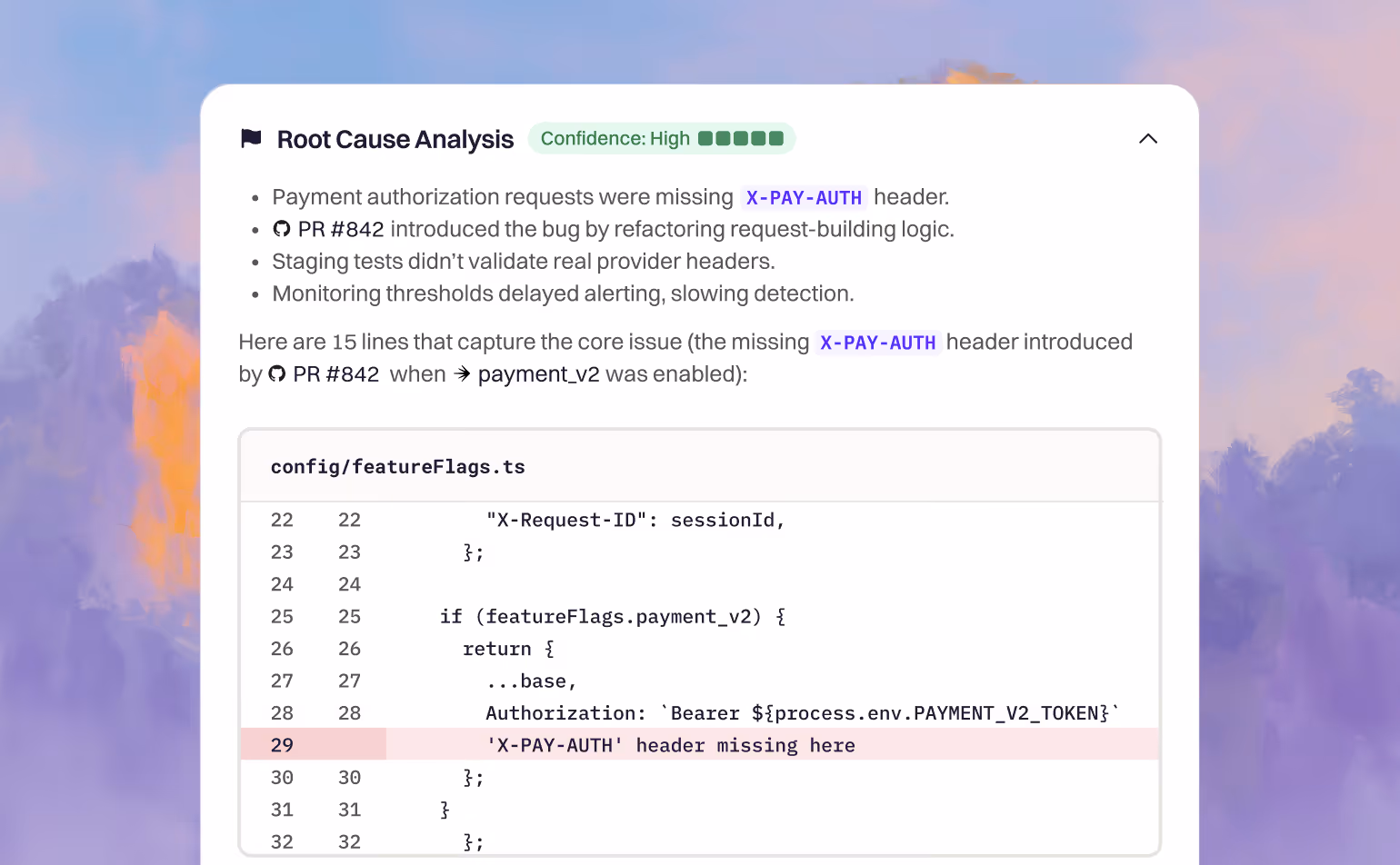 A root-cause report tracing a payment failure to a missing X-PAY-AUTH header, with the offending code