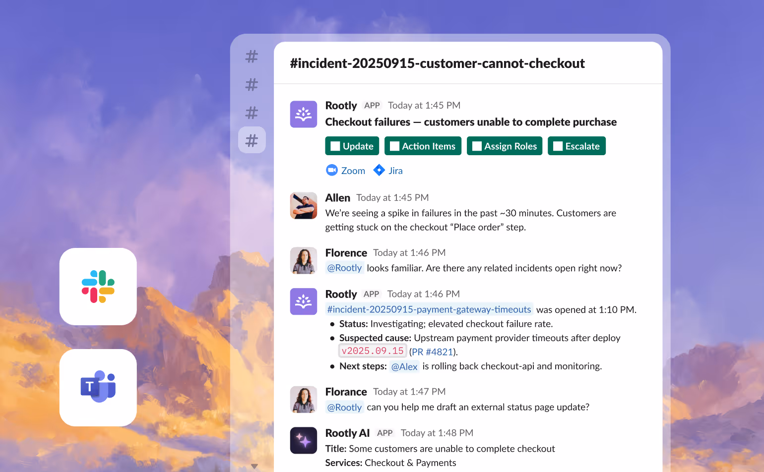 A Slack incident channel where responders triage checkout failures and post investigation updates