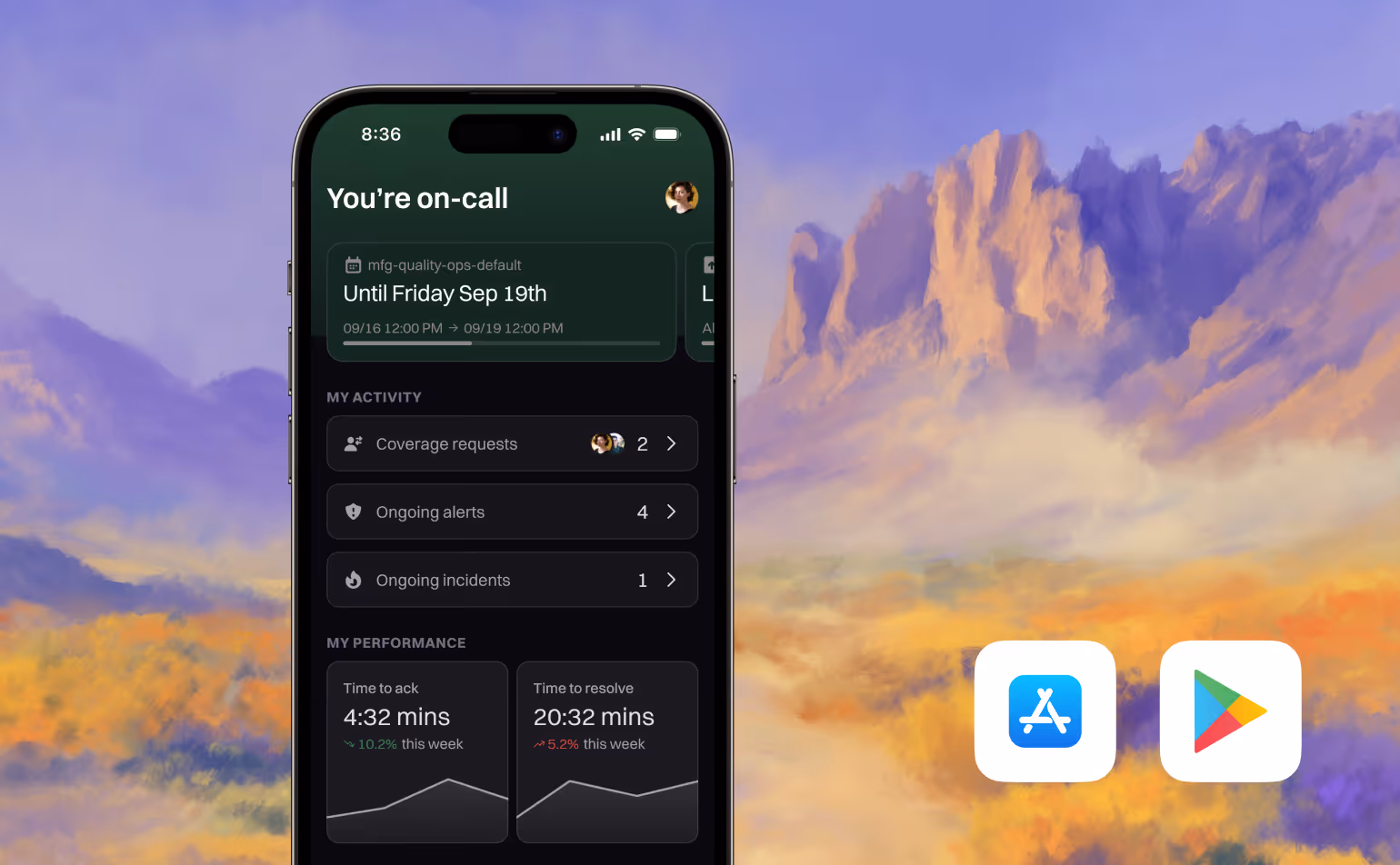 The Rootly mobile app showing on-call activity and response metrics, with its app-store badges