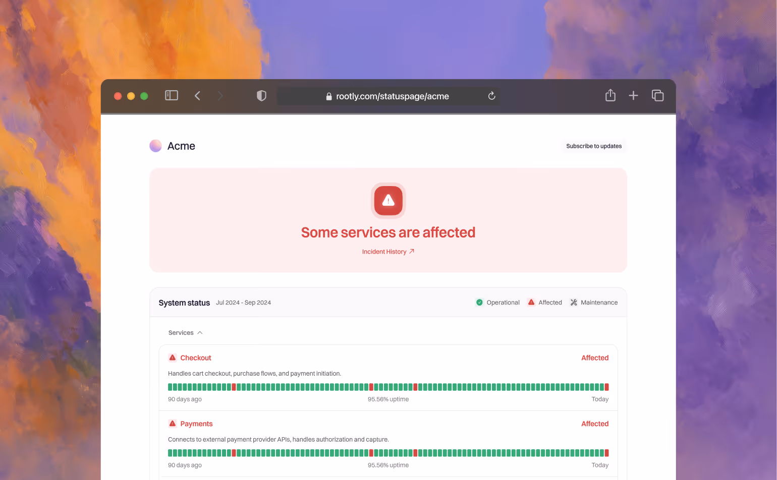 A public status page marking checkout and payments as affected against otherwise green uptime bars