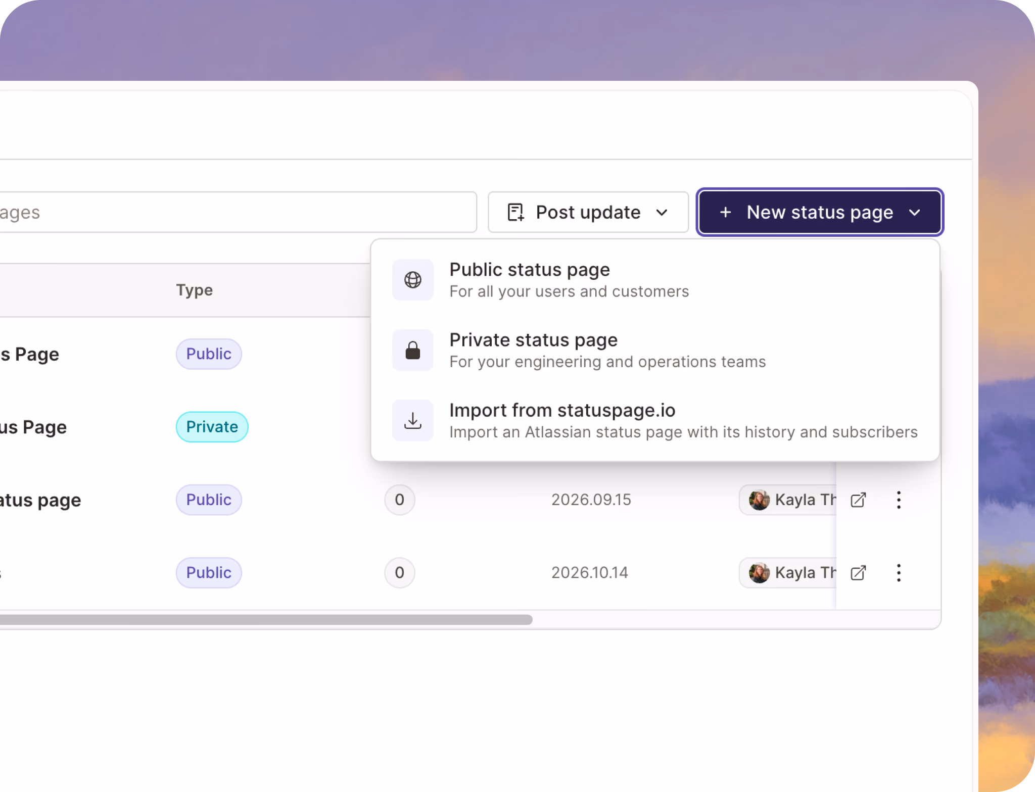 Status page settings for public visibility, authentication, search indexing and a custom domain