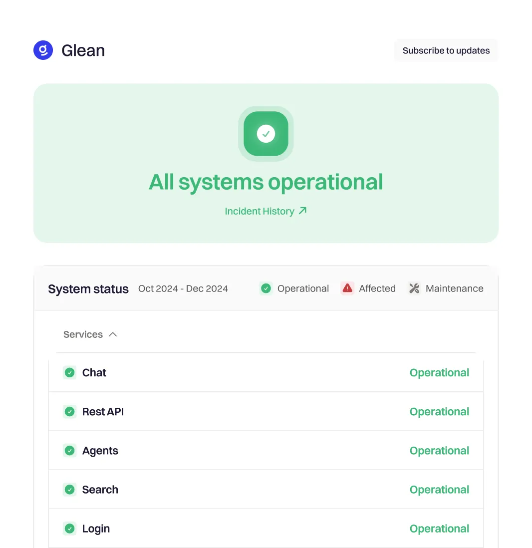 Glean’s status page showing all systems operational across Chat, REST API, Agents, Search and Login